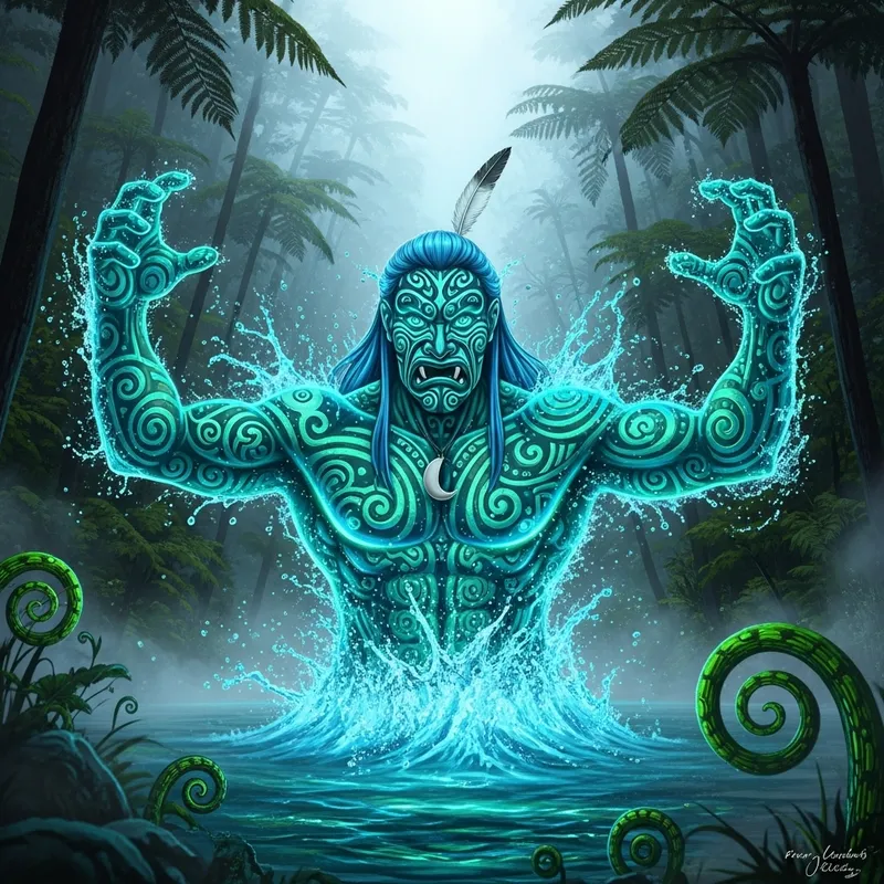 Dramatic Maori Water Guardian Emerges in Hyper-Realistic Image