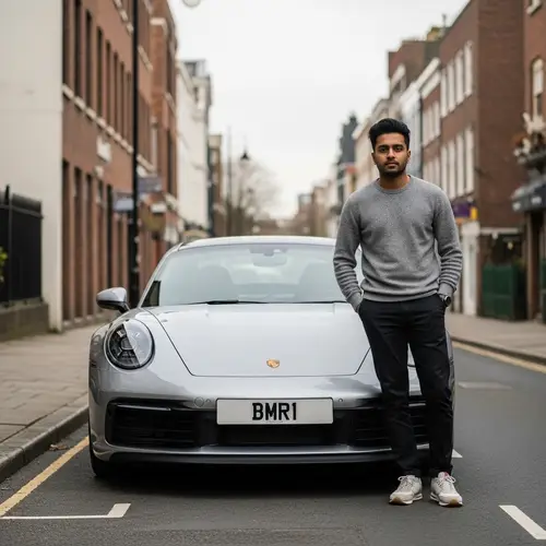 Shimmering Silver Porsche 911 992 with BMR1 Plate and Stylish Youthful Man