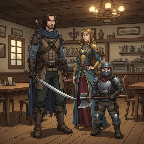 Male Witcher and Elven Sorceress in Rustic Tavern | Fantasy Scene