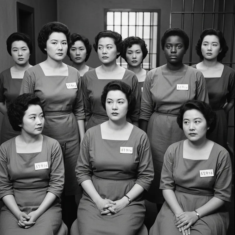 1950 Women in Blue Prison Dresses with Square Neckline