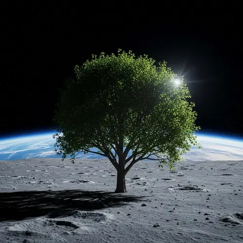 Earth-like Tree on Moon: Contrast of Green Leaves in Grey Landscape