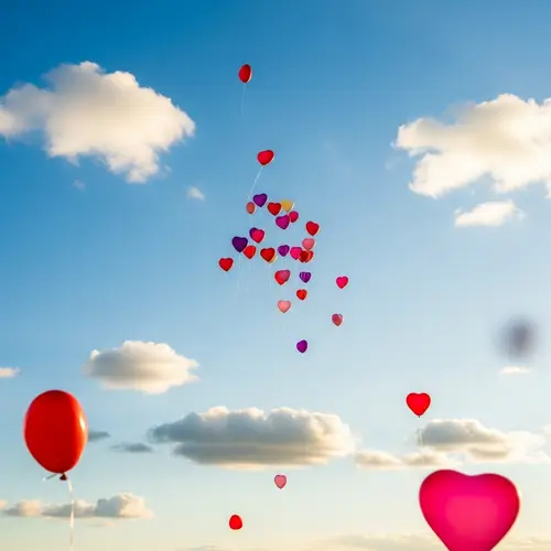 Colorful Heart-Shaped Balloons Floating in the Sky