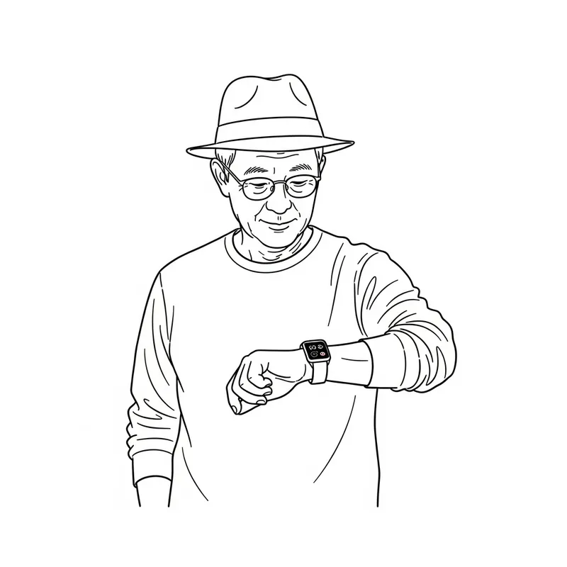 Elderly Asian Man in Fedora and Smartwatch Drawing Elderly Asian Man in Fedora and Smartwatch Drawing