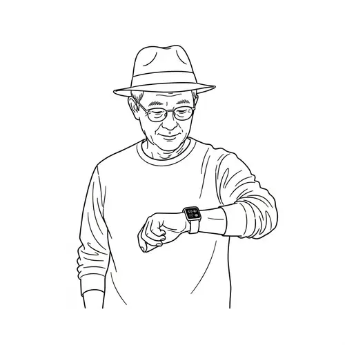 Elderly Asian Man in Fedora and Smartwatch Drawing