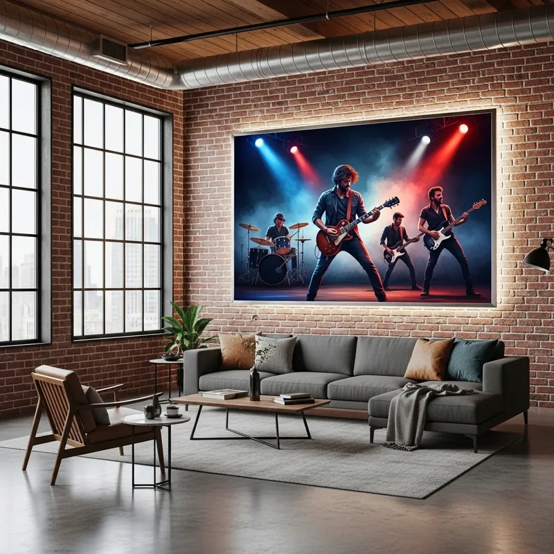Stylish Loft Room with Rock Band Art in Illuminated Frame