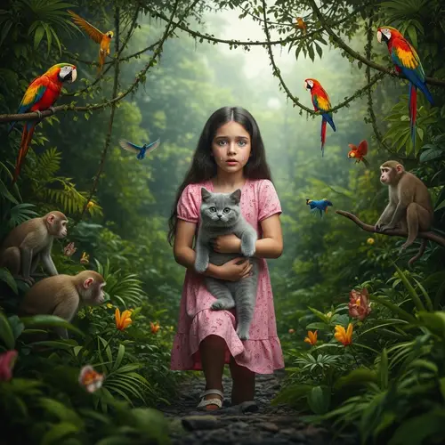 Fearless Mountain Climbing: Girl with Grey British Cat