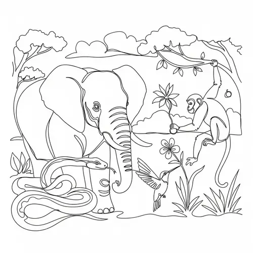 Continuous Line Art: Elephant, Snake, Monkey, Hummingbird