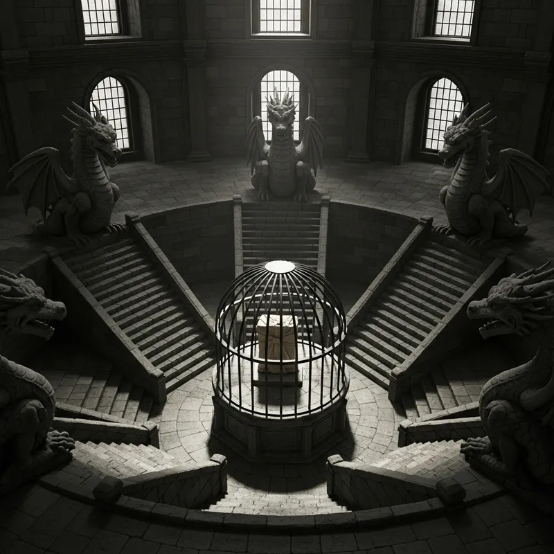 Mystical Circular Room with Stairs, Cage, and Dragon Statues
