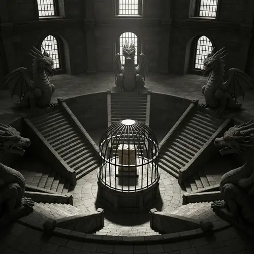 Circular Room with Descending Staircases | Unique Cage and Dragon Statues
