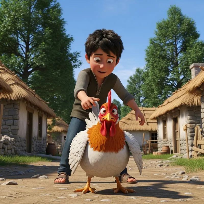 Concerned Chicken: Boy Teasing Fowl in Countryside Setting
