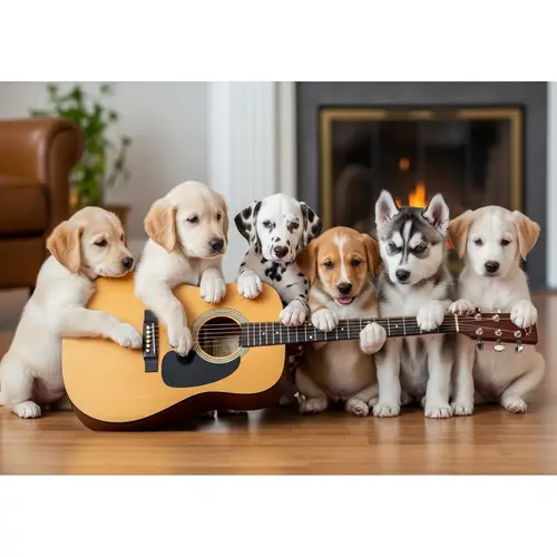 Adorable Diverse Breed Puppies Playing Guitar in Living Room