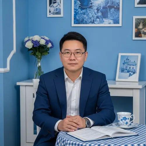 Asian Man in Blue and White Decor Room