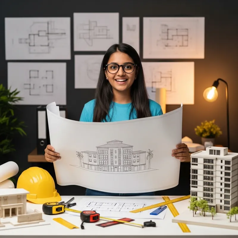 Funny Architect Girl with Glasses: A Joyful Scene Funny Architect Girl with Glasses: A Joyful Scene