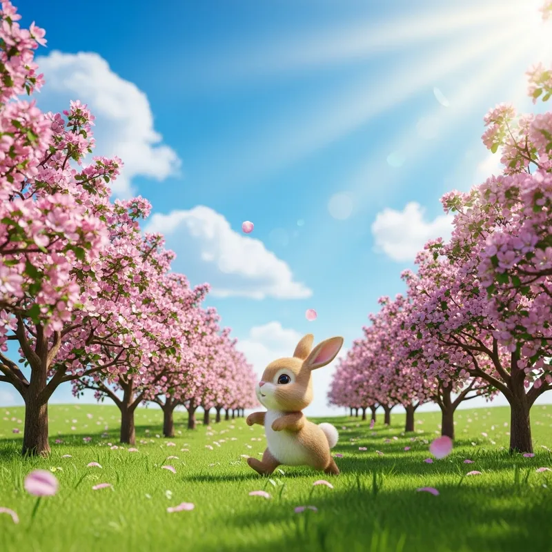 Small Cartoon Rabbit in Apple Blossom Orchard - Cheerful Spring Scene