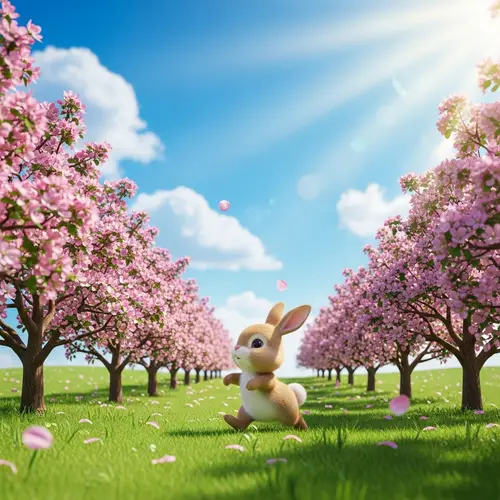 Cartoon Rabbit in Blooming Apple Orchard - Serene Spring Scene