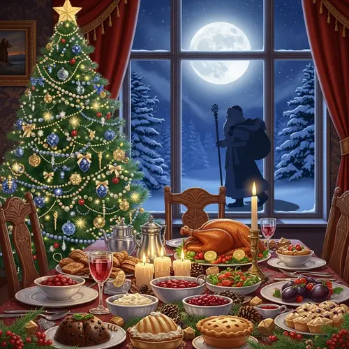 Holiday Scene with Christmas Tree and Father Frost Silhouette