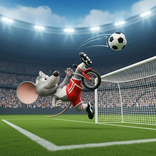 Cartoon Mouse Bicycle Kick at Soccer Stadium - Exciting Moment Captured