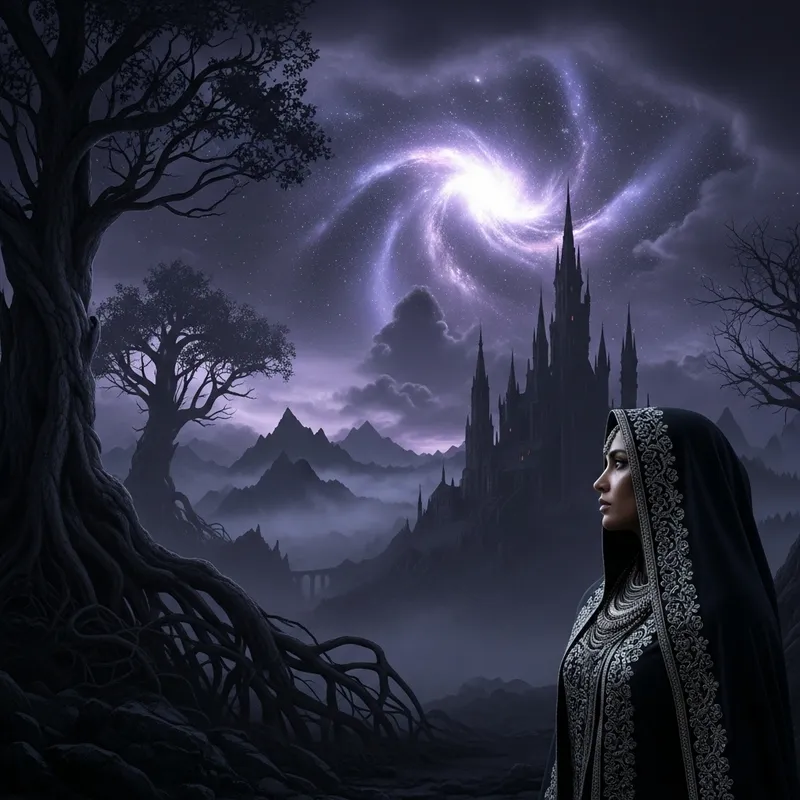 Ethereal Dark Fantasy Landscape with Gothic Castle - Enigmatic Sorceress