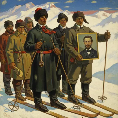 Yevgeny Onegin & Vladimir Lensky Skiing with Friends - Post-Impressionist Scene