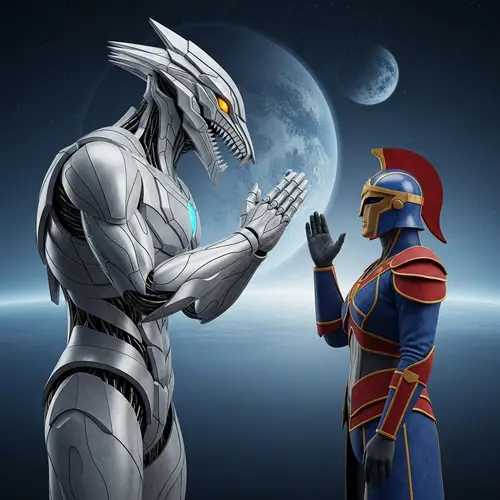 Futuristic Robotic Figures Apologizing in Surreal Scene