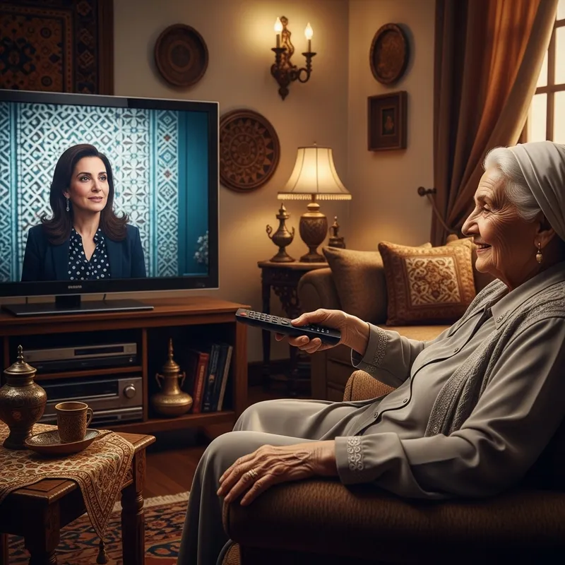 Middle-Eastern Grandmother Watching TV in Cozy Living Room
