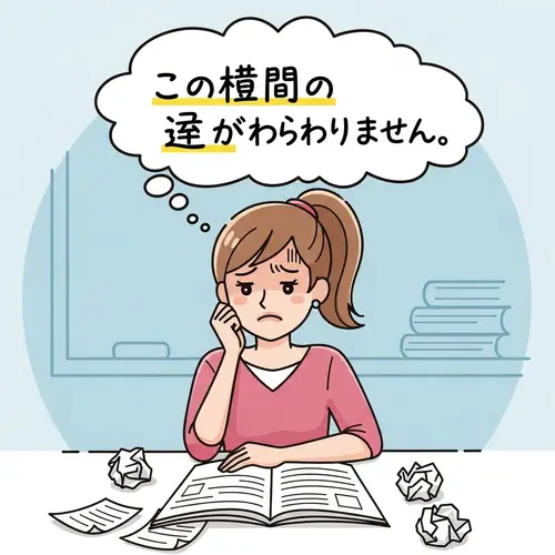 Humorous Quiz Moment: Confused Caucasian Woman in Thought Bubble (Japanese)