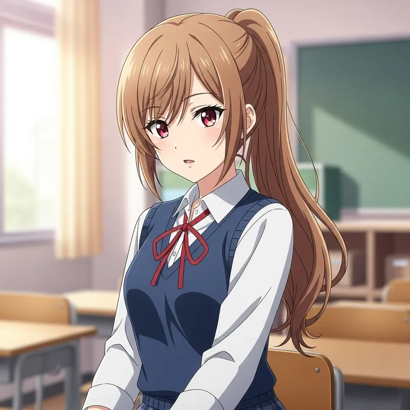 Anime-Styled Teenager in School Uniform with Ponytail