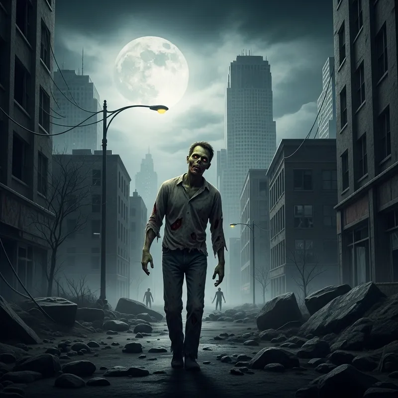 Eerie Post-Apocalyptic Scene with a Staggering Zombie