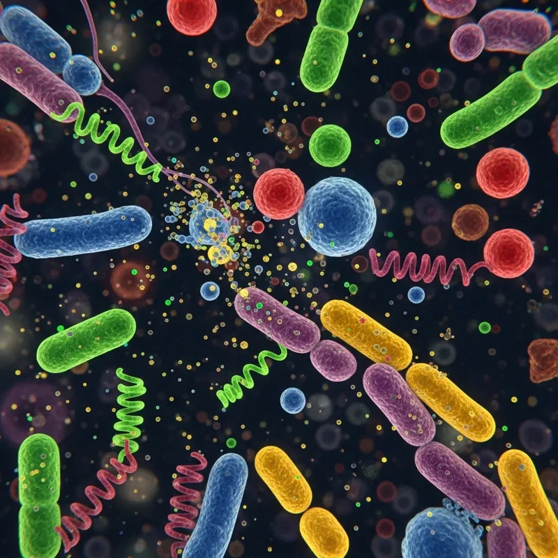 Microscopic Dance of Bacteria: A Colorful Intricate Scene