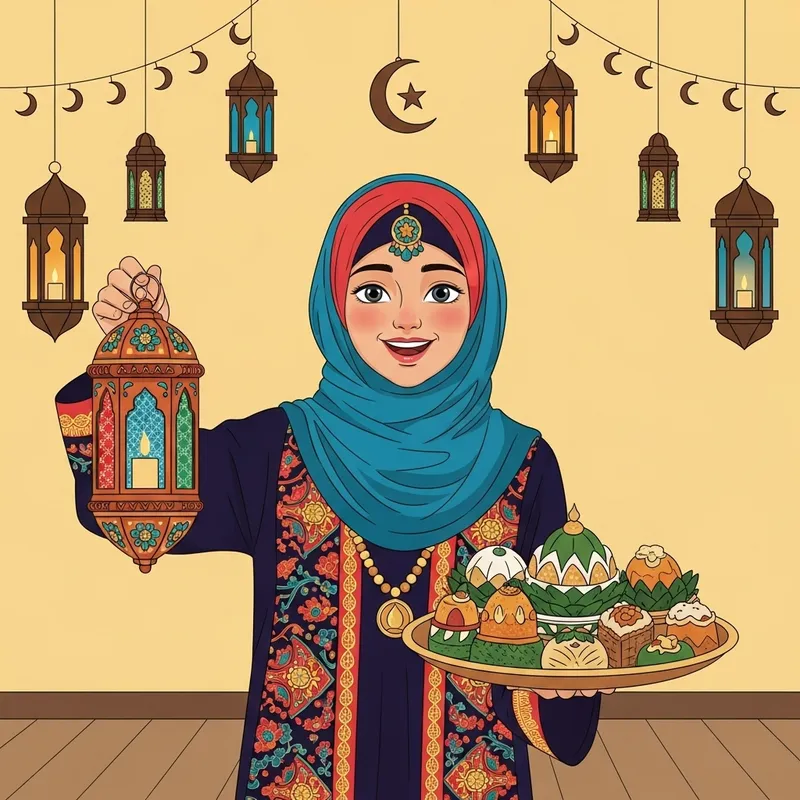 Joyful Eid Celebration: Smiling Muslim Girl in Vibrant Hijab with Lantern and Sweets