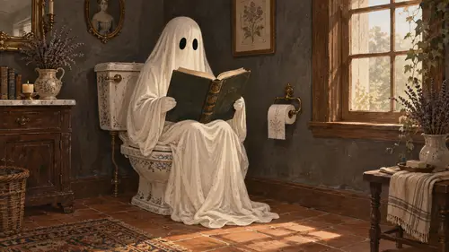 Charming Victorian Ghost Reading in Vintage Bathroom