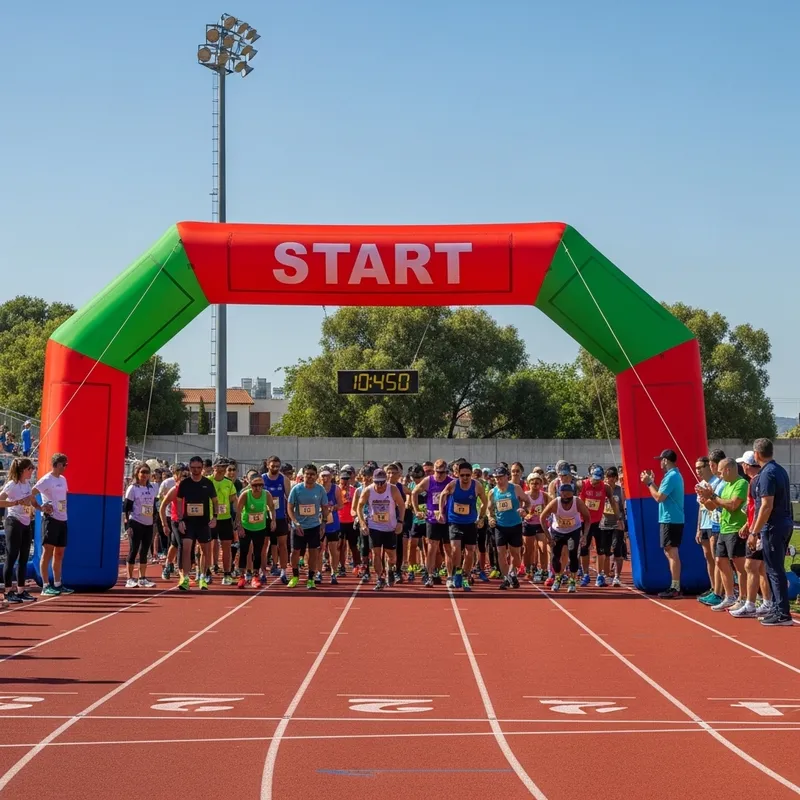 Energetic Runners at Starting Line with Inflatable Arch