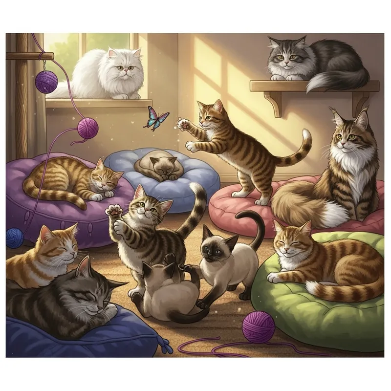 Diverse Cat Breeds in Sunlit Room