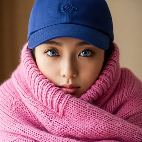 Stylish Korean Woman with Blue Eyes in Pink Sweater