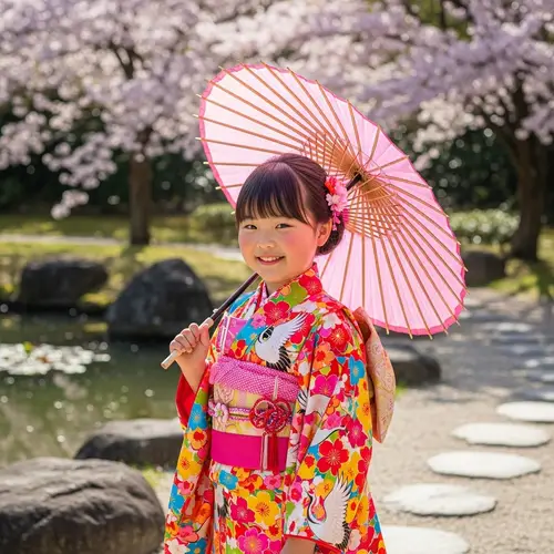 Cute Girl in Traditional Kimono with Pink Umbrella