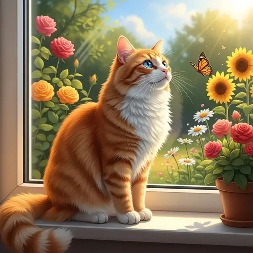 Silky Orange Cat Enjoying Sunny Garden View | Website Name