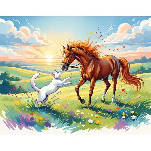 Whimsical Cat and Horse Play in Vibrant Meadow Art