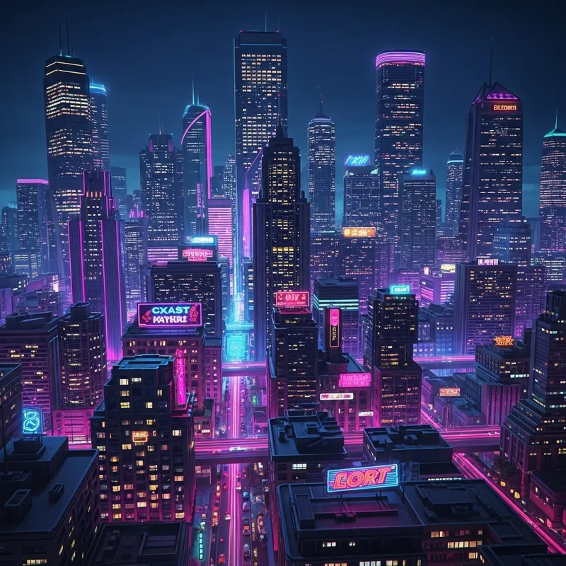 Retro Futuristic Cityscape, Neon Lights - A Dazzling Spectacle