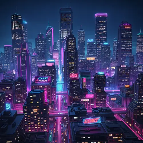 Retro Futuristic Cityscape with Vibrant Neon Lights