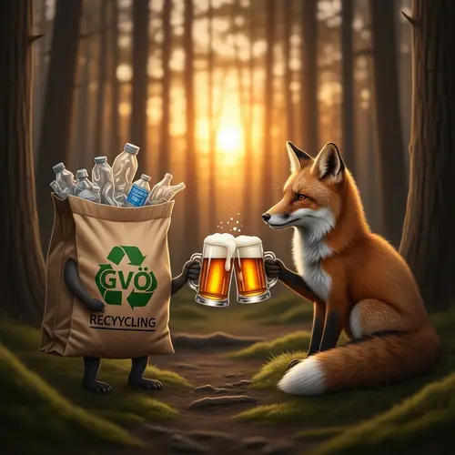 GVÖ Recycling Bag and Fox Sharing Beer in Forest Setting
