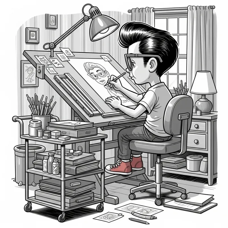 Childlike Illustrator Drawing at Drafting Table with 1950s Vibe
