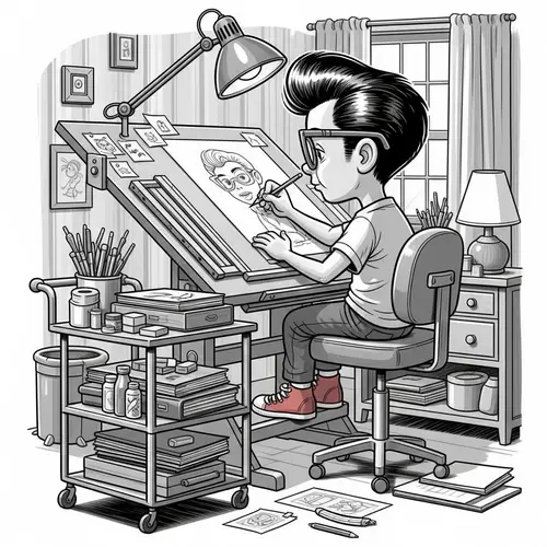 Child-Like Illustrator Drawing at Drafting Table