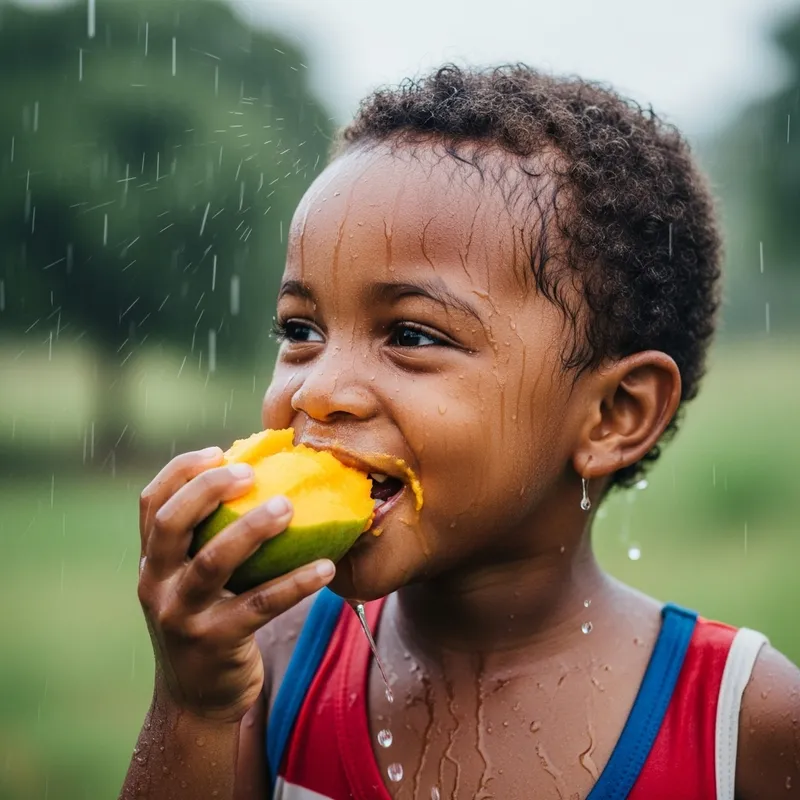 Happy African Child Eating Mango in the Rain