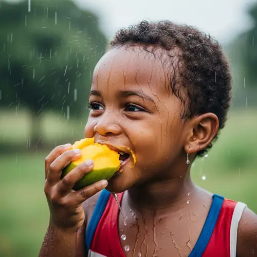 Joyful African Child Eating Mango in the Rain