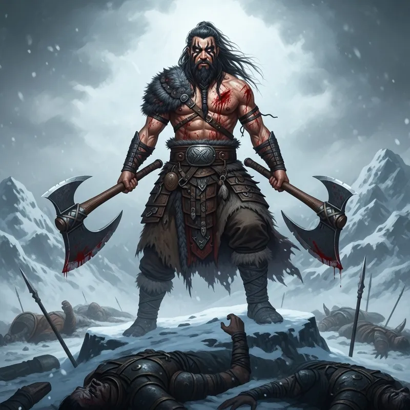 Intense Long-Haired Warrior with Dual Axes in Battle