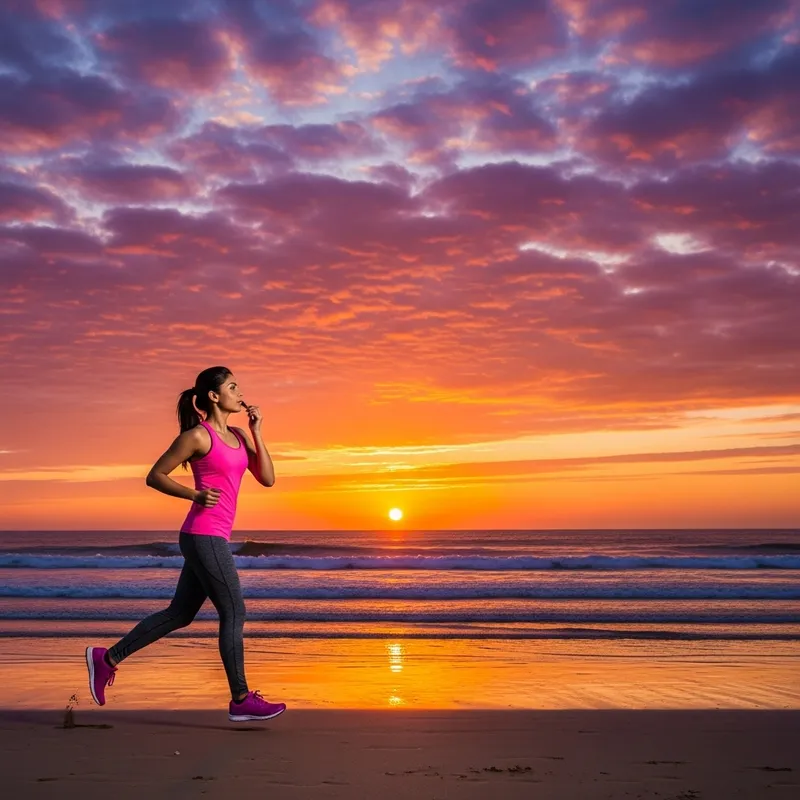Beach Sunset Beauty: Woman Jogging in Athletic Wear