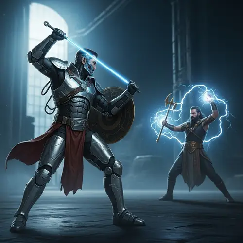 Futuristic Cypherpunk Battle Scene: Technology vs. Mythology