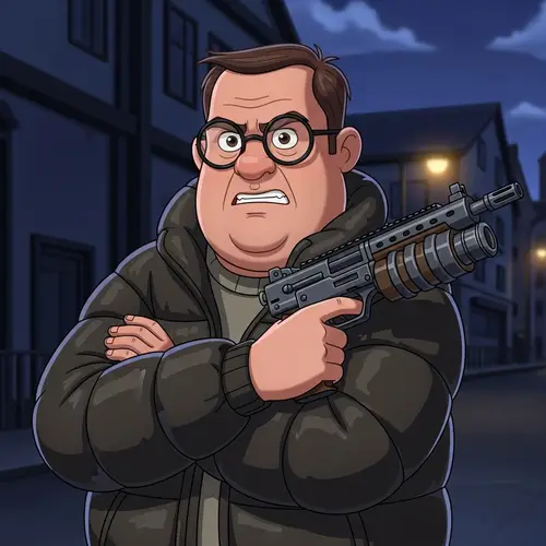 Angry Middle-Aged Man in Padded Jacket Holding Modified Weapon