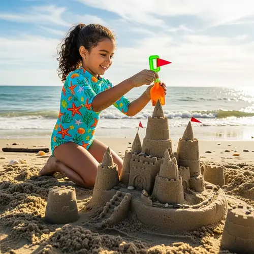 Colorful Seashell Swimsuit: Joyful Beach Day for 8-Year-Old Girl