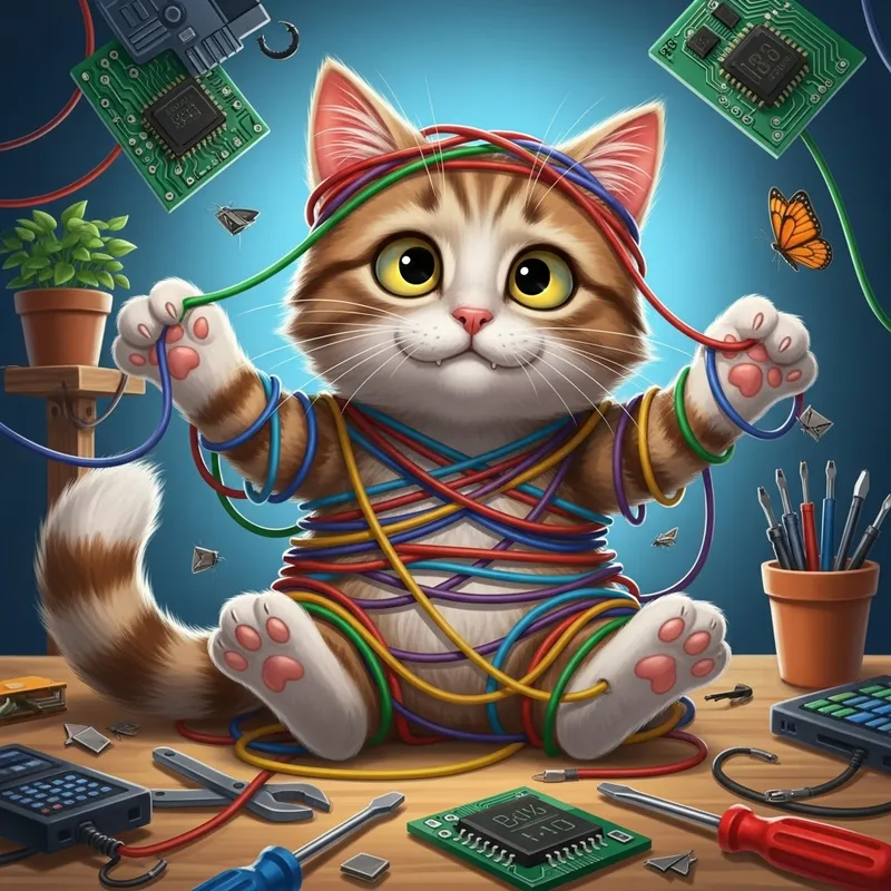 Playful Cat Tangled in Colorful Wires